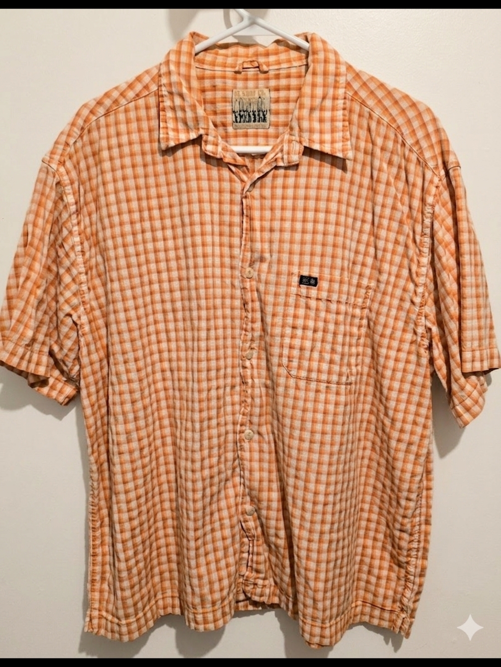 American Eagle Outfitters Orange Plaid Short-Sleeve Button-Down Shirt